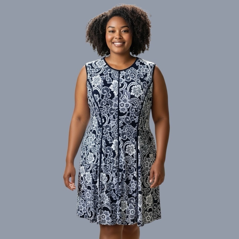 Navy & White Floral Lace Print Sleeveless A-Line Dress